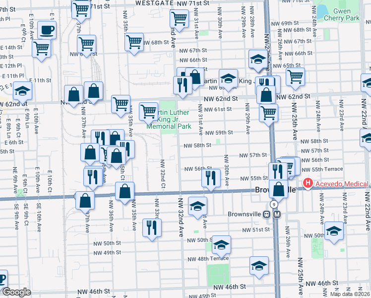 map of restaurants, bars, coffee shops, grocery stores, and more near 3166 Northwest 58th Street in Miami