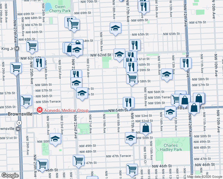 map of restaurants, bars, coffee shops, grocery stores, and more near 1838 Northwest 57th Street in Miami