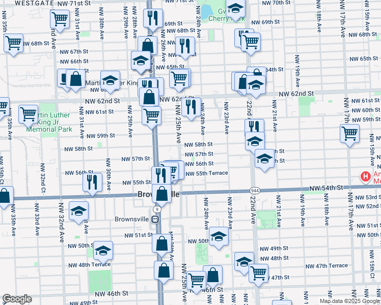 map of restaurants, bars, coffee shops, grocery stores, and more near 2455 Northwest 57th Street in Miami