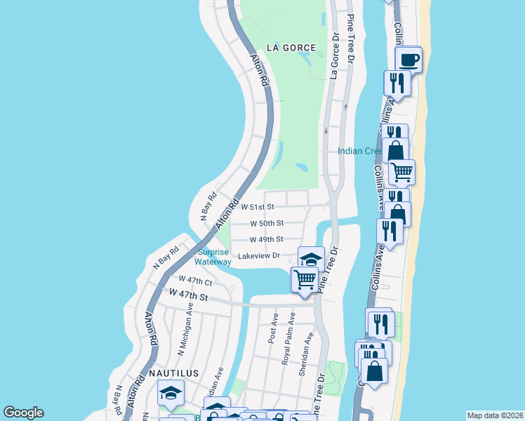 map of restaurants, bars, coffee shops, grocery stores, and more near 740 West 51st Street in Miami Beach