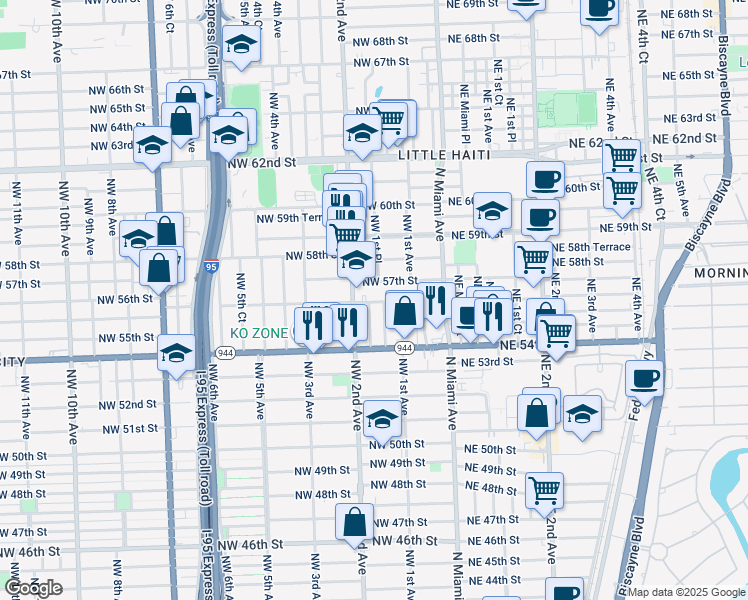 map of restaurants, bars, coffee shops, grocery stores, and more near 169 Northwest 56th Street in Miami