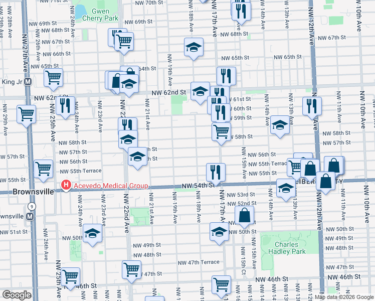map of restaurants, bars, coffee shops, grocery stores, and more near 1838 Northwest 57th Street in Miami
