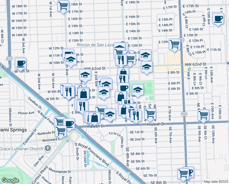 map of restaurants, bars, coffee shops, grocery stores, and more near 302 East 6th Street in Hialeah