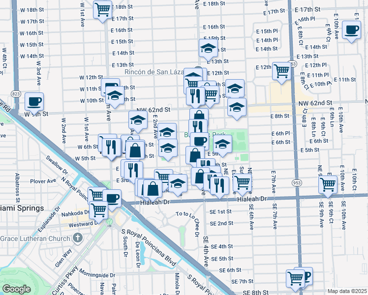 map of restaurants, bars, coffee shops, grocery stores, and more near 302 East 6th Street in Hialeah