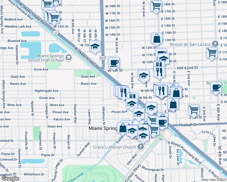 map of restaurants, bars, coffee shops, grocery stores, and more near 465 Swallow Drive in Miami Springs
