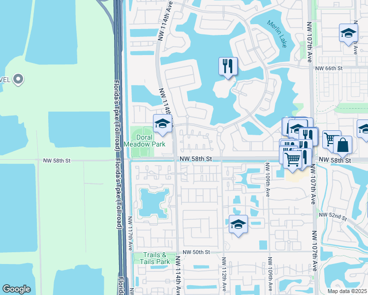 map of restaurants, bars, coffee shops, grocery stores, and more near 11303 Northwest 58th Terrace in Doral