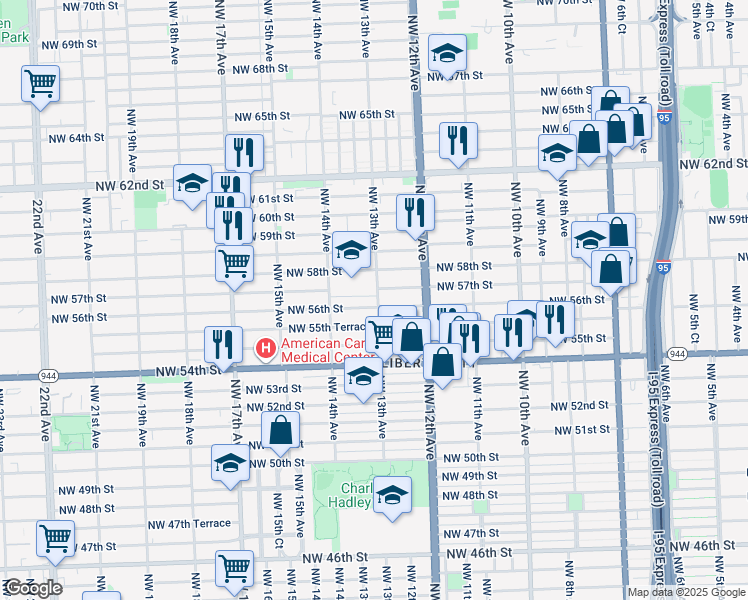 map of restaurants, bars, coffee shops, grocery stores, and more near 5610 Northwest 13th Avenue in Miami