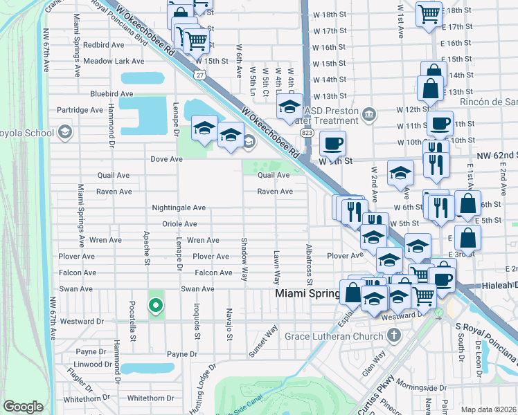 map of restaurants, bars, coffee shops, grocery stores, and more near 600 Nightingale Avenue in Miami Springs