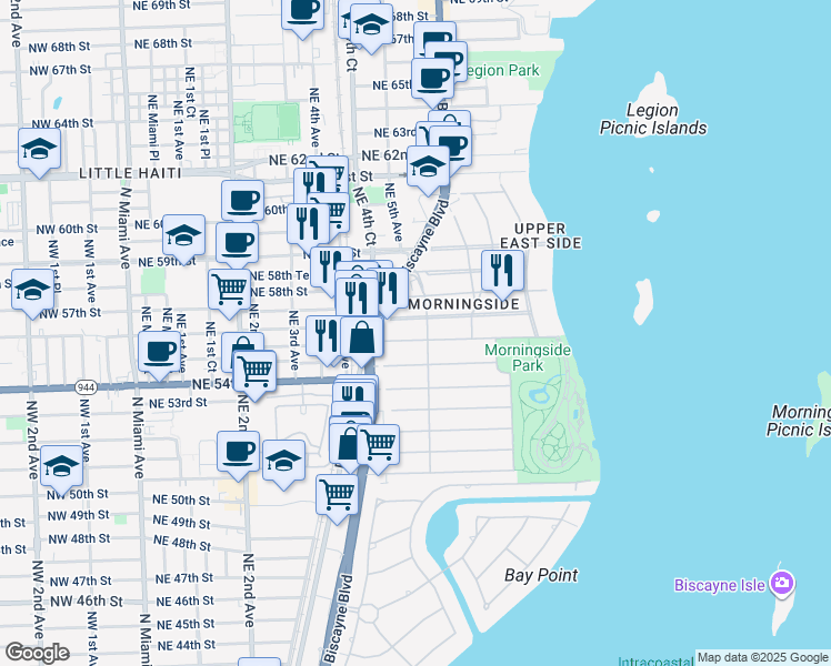 map of restaurants, bars, coffee shops, grocery stores, and more near 485 Northeast 55th Terrace in Miami