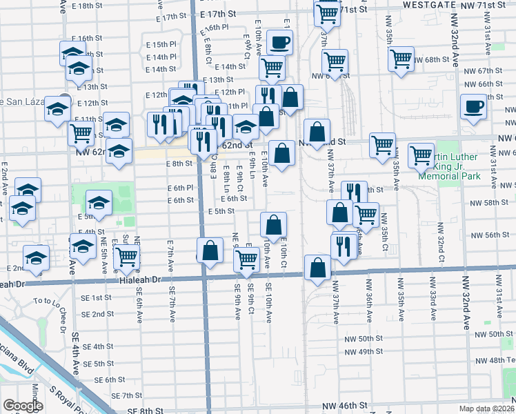map of restaurants, bars, coffee shops, grocery stores, and more near 505 East 9th Lane in Hialeah