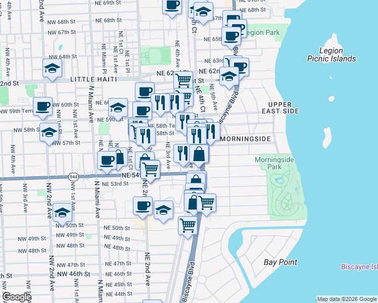 map of restaurants, bars, coffee shops, grocery stores, and more near 369 Northeast 55th Terrace in Miami