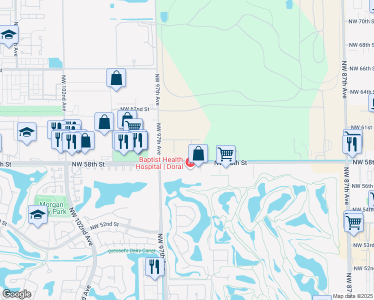 map of restaurants, bars, coffee shops, grocery stores, and more near 9601 Northwest 58th Street in Miami