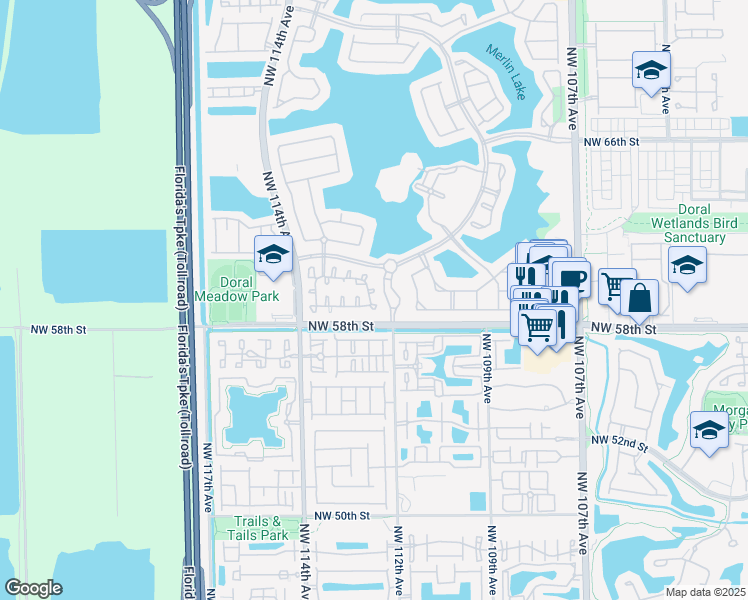 map of restaurants, bars, coffee shops, grocery stores, and more near 5857 Northwest 112th Court in Doral