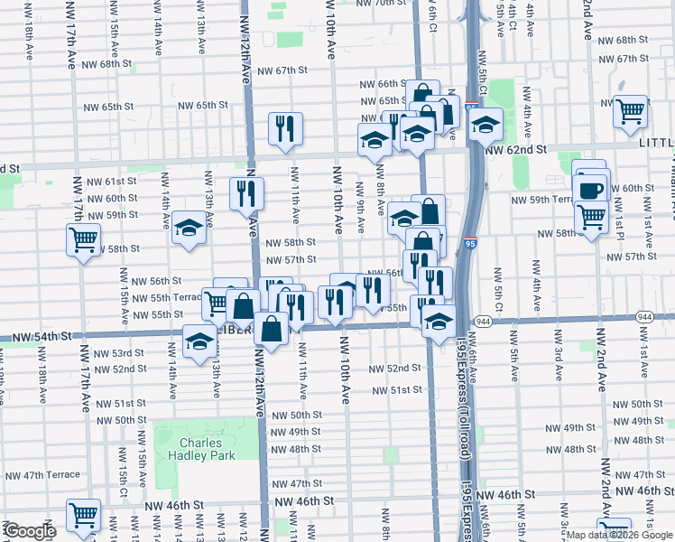 map of restaurants, bars, coffee shops, grocery stores, and more near 5600 Northwest 10th Avenue in Miami