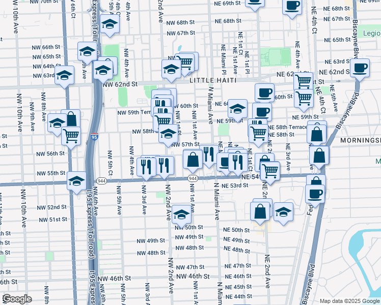 map of restaurants, bars, coffee shops, grocery stores, and more near 5601 Northwest Miami Court in Miami