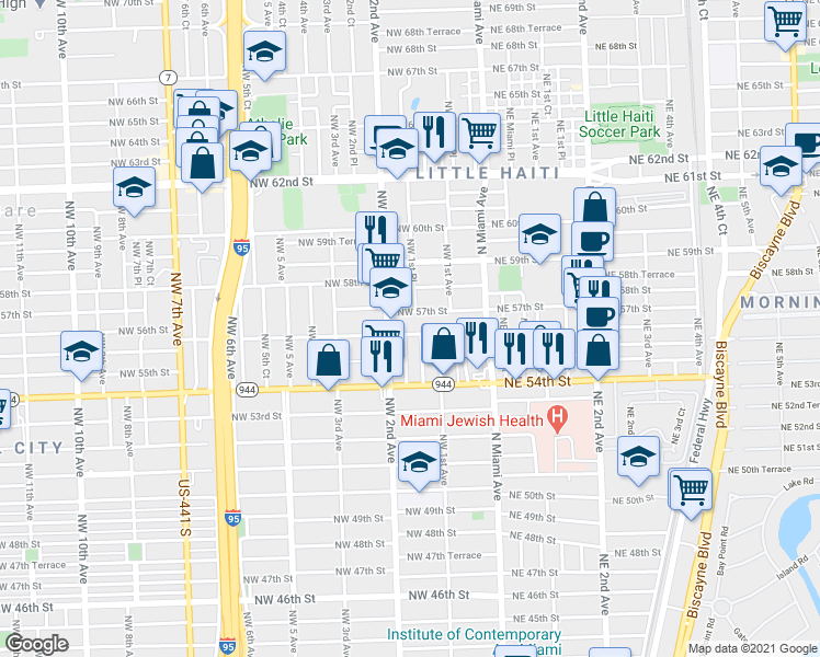 map of restaurants, bars, coffee shops, grocery stores, and more near 169 Northwest 56th Street in Miami