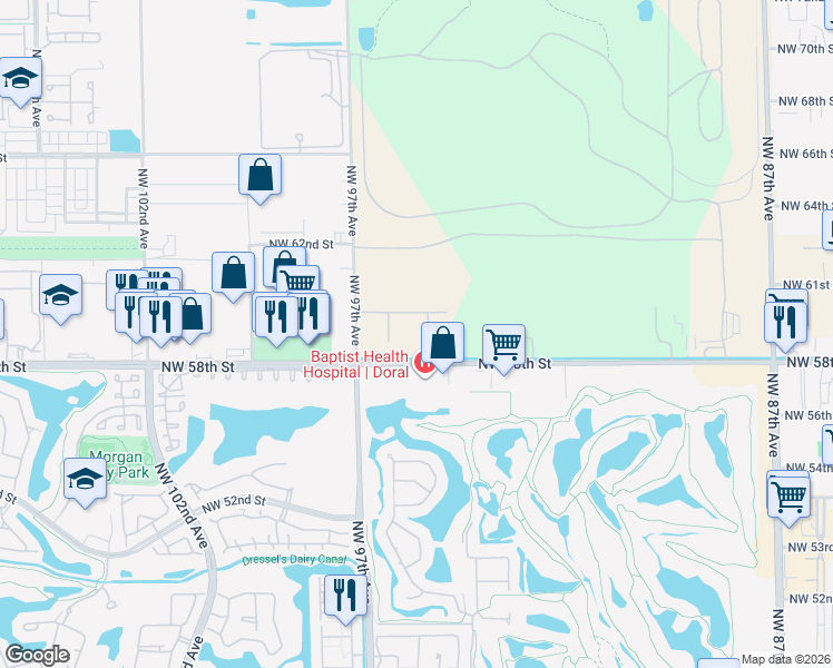 map of restaurants, bars, coffee shops, grocery stores, and more near 9559-9663 Northwest 58th Street in Miami