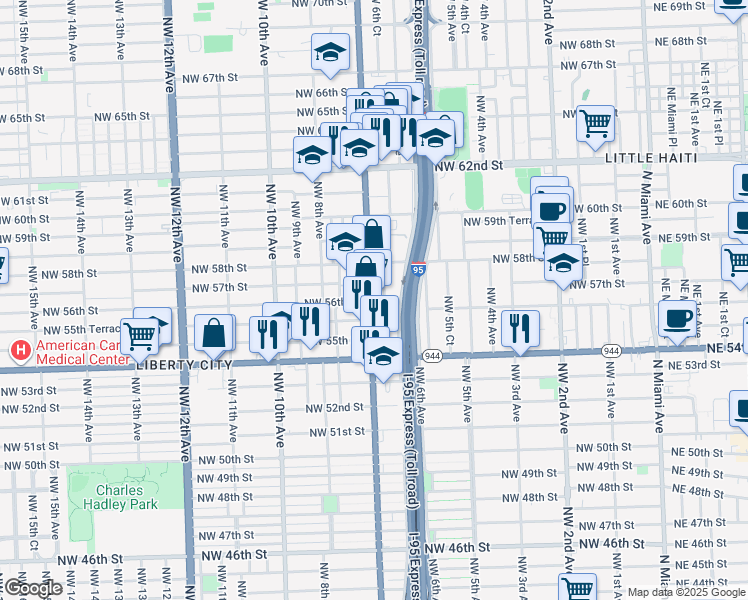map of restaurants, bars, coffee shops, grocery stores, and more near 697 Northwest 56th Street in Miami