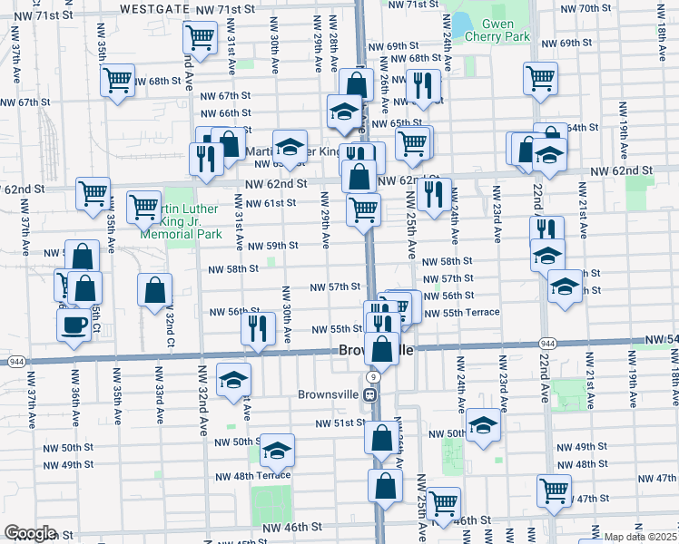 map of restaurants, bars, coffee shops, grocery stores, and more near 2772 Northwest 57th Street in Miami