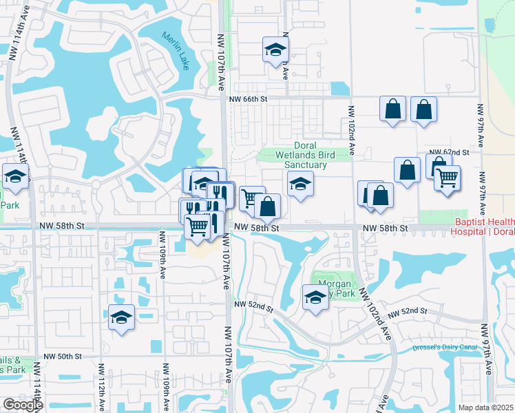 map of restaurants, bars, coffee shops, grocery stores, and more near 5955 Northwest 105th Court in Doral