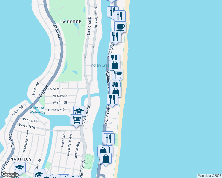 map of restaurants, bars, coffee shops, grocery stores, and more near 5025 Collins Avenue in Miami Beach