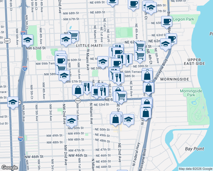 map of restaurants, bars, coffee shops, grocery stores, and more near 164 Northeast 56th Street in Miami