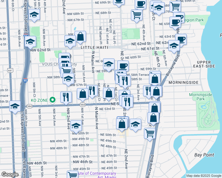 map of restaurants, bars, coffee shops, grocery stores, and more near 5540 Northeast 1st Avenue in Miami