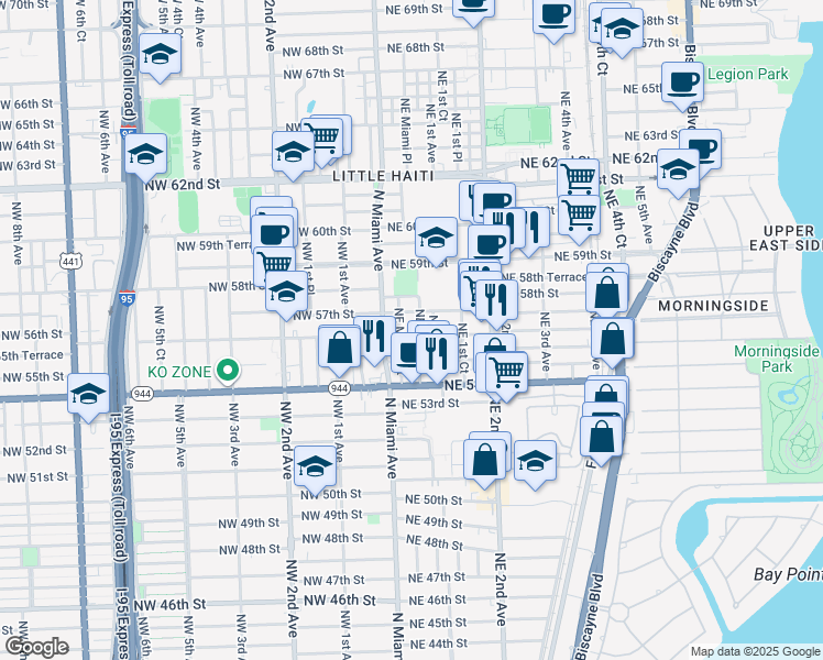 map of restaurants, bars, coffee shops, grocery stores, and more near 5540 Northeast 1st Avenue in Miami