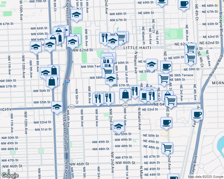 map of restaurants, bars, coffee shops, grocery stores, and more near 222 Northwest 56th Street in Miami