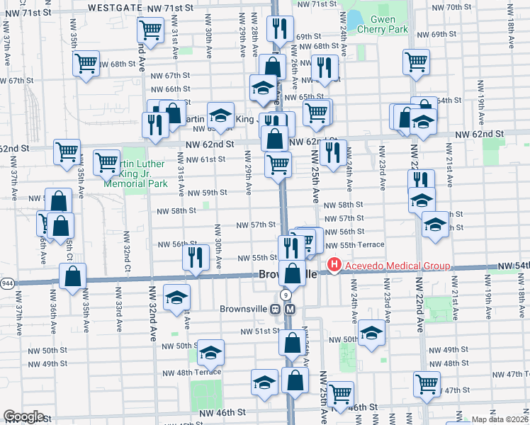map of restaurants, bars, coffee shops, grocery stores, and more near 2772 Northwest 57th Street in Miami