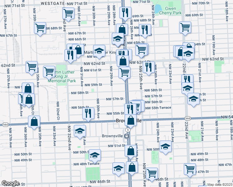 map of restaurants, bars, coffee shops, grocery stores, and more near 2772 Northwest 57th Street in Miami