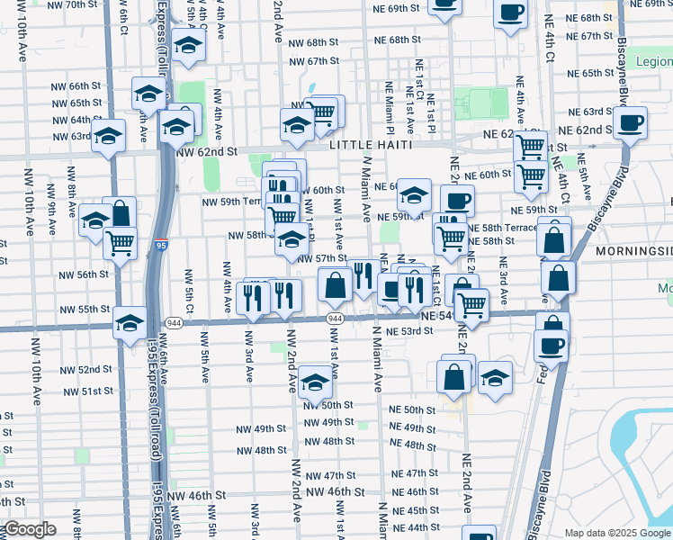 map of restaurants, bars, coffee shops, grocery stores, and more near 5601 Northwest Miami Court in Miami