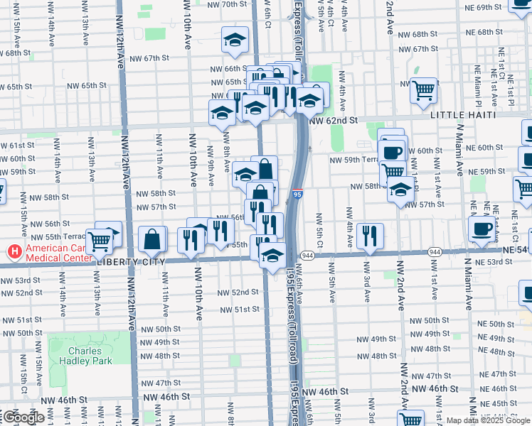 map of restaurants, bars, coffee shops, grocery stores, and more near 697 Northwest 56th Street in Miami