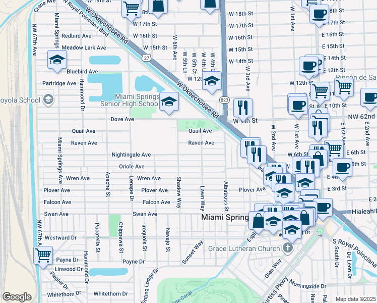 map of restaurants, bars, coffee shops, grocery stores, and more near 670 Nightingale Avenue in Miami Springs