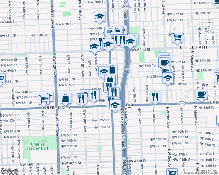 map of restaurants, bars, coffee shops, grocery stores, and more near 697 Northwest 56th Street in Miami
