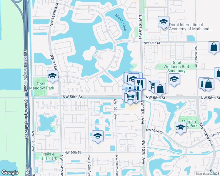 map of restaurants, bars, coffee shops, grocery stores, and more near 10933 Northwest 58th Terrace in Doral