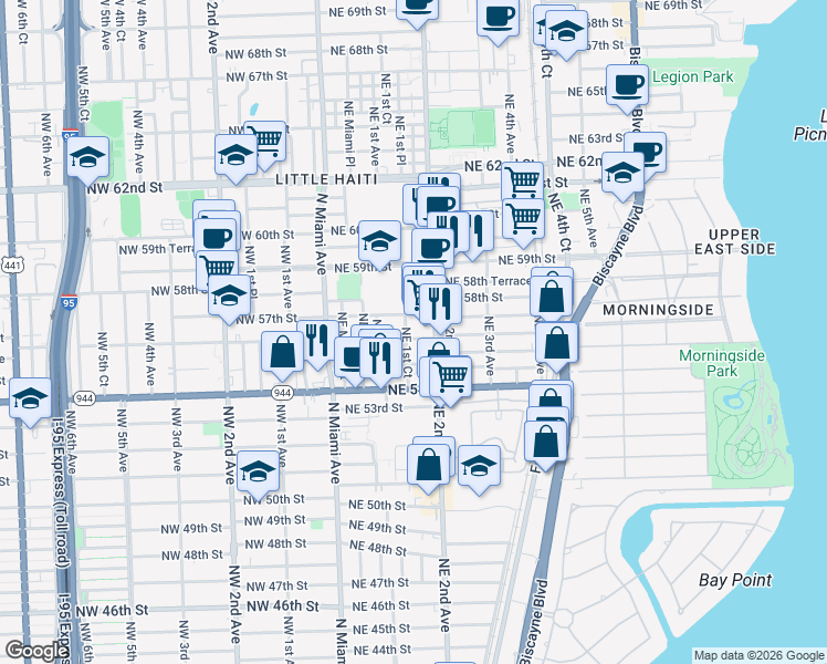 map of restaurants, bars, coffee shops, grocery stores, and more near 165 Northeast 56th Street in Miami