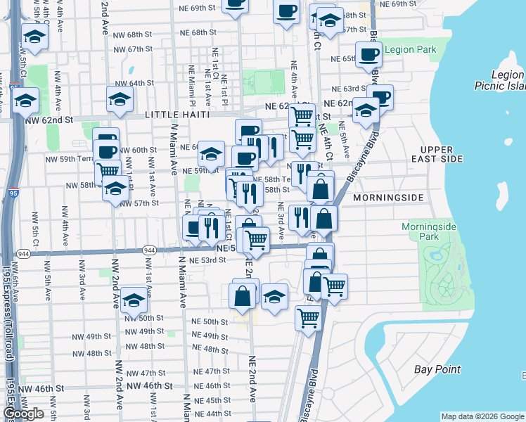 map of restaurants, bars, coffee shops, grocery stores, and more near in Miami