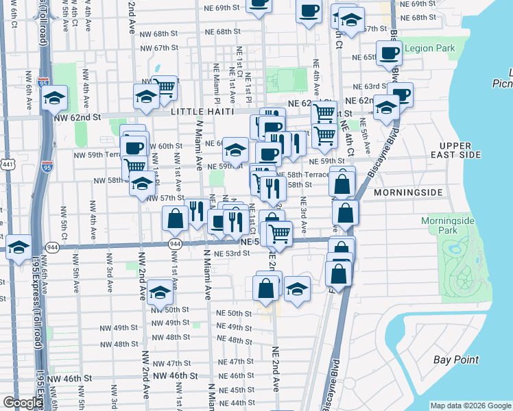 map of restaurants, bars, coffee shops, grocery stores, and more near 164 Northeast 56th Street in Miami