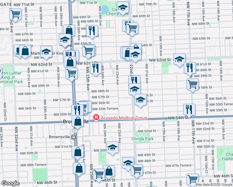map of restaurants, bars, coffee shops, grocery stores, and more near 5690 Northwest 23rd Avenue in Miami