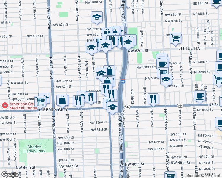 map of restaurants, bars, coffee shops, grocery stores, and more near 697 Northwest 56th Street in Miami
