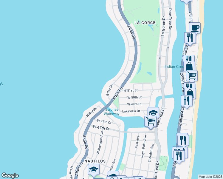 map of restaurants, bars, coffee shops, grocery stores, and more near 5038 North Bay Road in Miami Beach