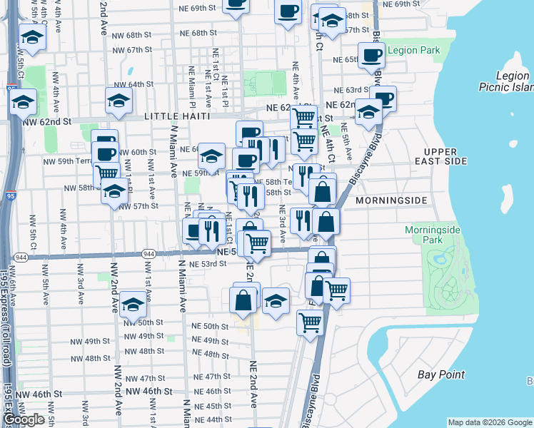 map of restaurants, bars, coffee shops, grocery stores, and more near in Miami