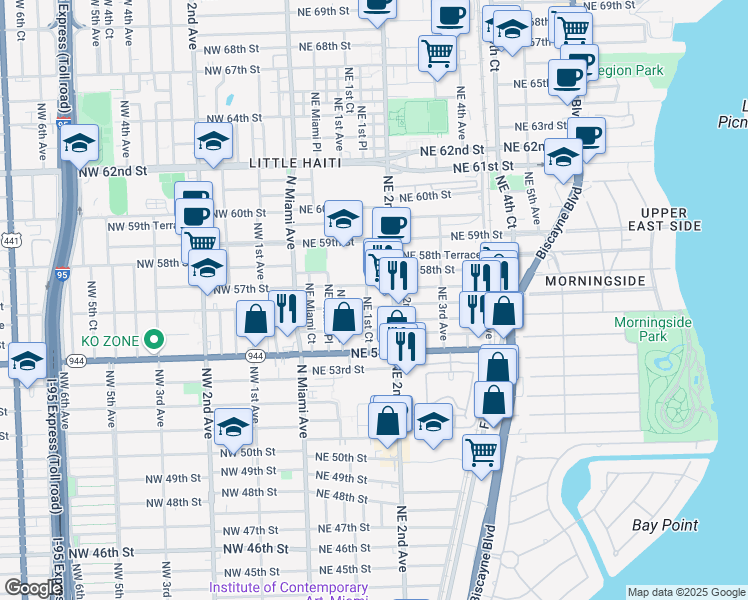 map of restaurants, bars, coffee shops, grocery stores, and more near 164 Northeast 56th Street in Miami