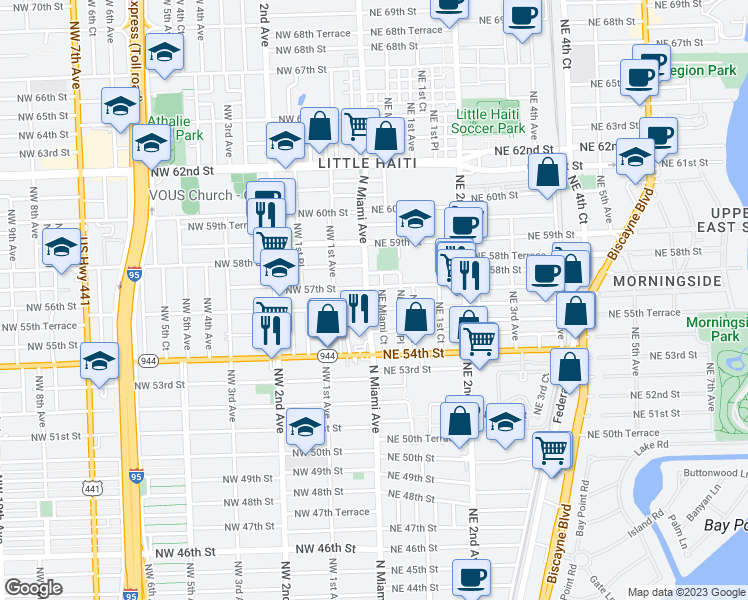 map of restaurants, bars, coffee shops, grocery stores, and more near 2 Northeast 56th Street in Miami