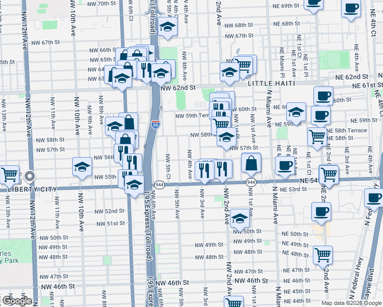map of restaurants, bars, coffee shops, grocery stores, and more near 423 Northwest 56th Street in Miami