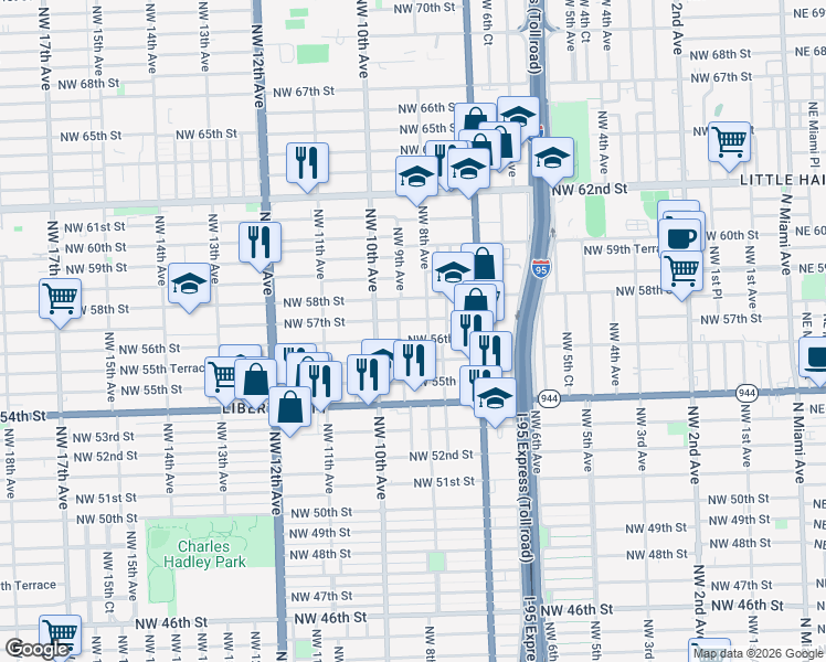 map of restaurants, bars, coffee shops, grocery stores, and more near 840 Northwest 56th Street in Miami