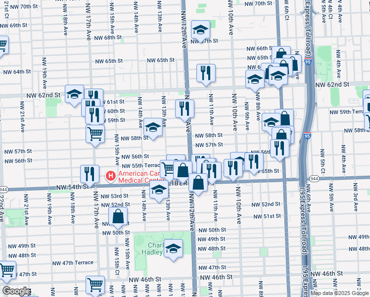 map of restaurants, bars, coffee shops, grocery stores, and more near 1233 Northwest 56th Street in Miami