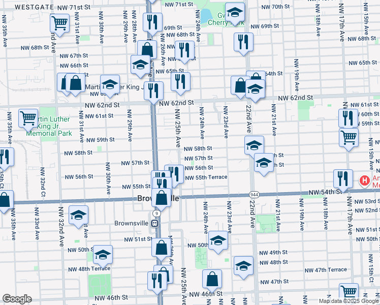 map of restaurants, bars, coffee shops, grocery stores, and more near 2455 Northwest 57th Street in Miami