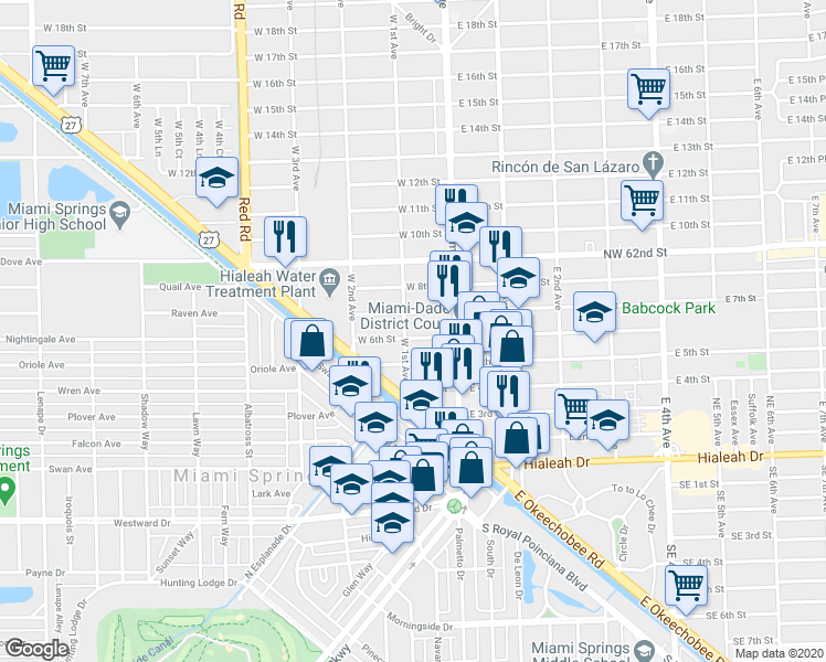 map of restaurants, bars, coffee shops, grocery stores, and more near 591 West 1st Avenue in Hialeah